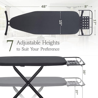 Heavy Duty Full Size Ironing Board 48"x15", BlissBoard Foldable Iron Board with Adjustable Height, Steel Frame, Thick Pad and Heat-Resistant Cover, Black