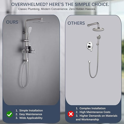 SonTiy Rain Shower Head with Handheld Spray and Shower Shelf, All Metal Shower System Kit with Hand Shower, Height Adjustable Holder and Brass Diverter for Whole Family, 1.8GPM,Brushed Nickel