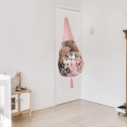 Stuffed Animal Hammock Corner Hanging Net for Stuff Animal Storage Macrame Toy Display Plush Toy Holder-Perfect for Tiny Space Walls-Kid Bedroom Decor Nursery Playroom Organizer (Light Pink)
