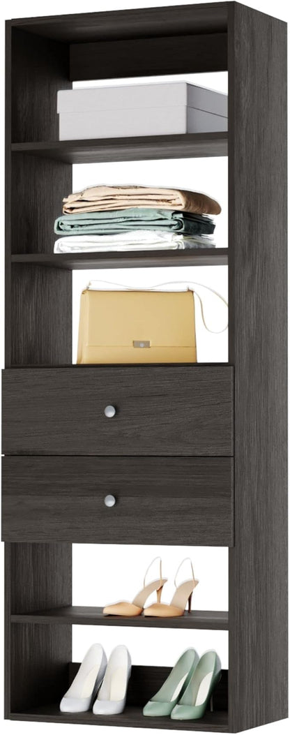 Closet Shelves Tower - Modular Closet System with Drawers (2) - Corner Closet System - Closet Organizers and Storage Shelves (Grey, 19.5 inches Wide) Closet Shelving