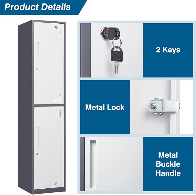 Metal Storage Cabinet, 71" Tall Storage Locker for Employees, Steel Cabinet with Lock and Keys for School, Gym, Home, Office Staff (2 Doors - Grey White)