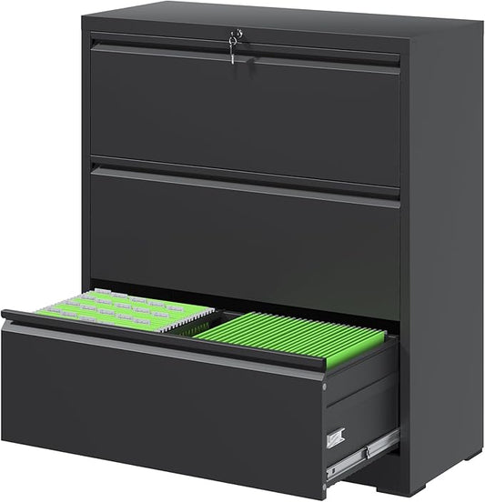 3 Drawer File Cabinet, Black Office Cabinets with Lock, Heavy Duty Metal Filing Cabinet for Home Office, Horizontal Lockable File Cabinet for Legal/Letter/A4 Size Files, Require Assembly