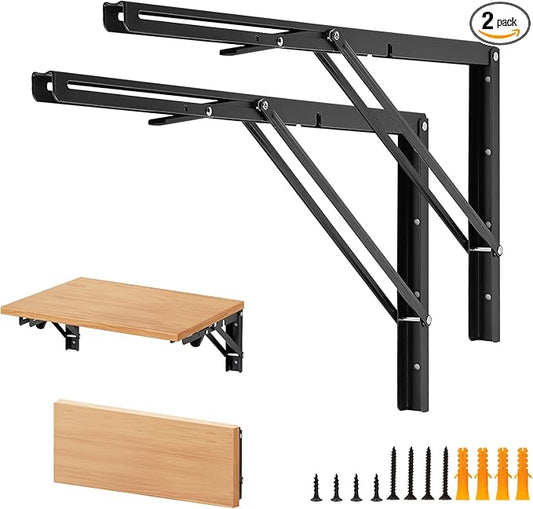 Home Expert 22 Inch Folding Shelf Brackets, 2 Pack (1 Pairs) Heavy Duty Metal Collapsible Wall-Mounted Brackets, Space-Saving DIY Foldable Shelf for Benches and Tables, Matte Black