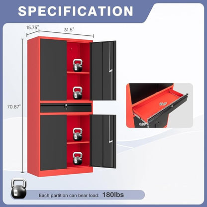 Metal Garage Storage Cabinet with Locking Doors and Drawer, 71" Steel Tool Storage Cabinet with Adjustable Shelves for Garage,Office,Warehouse (Red Black)