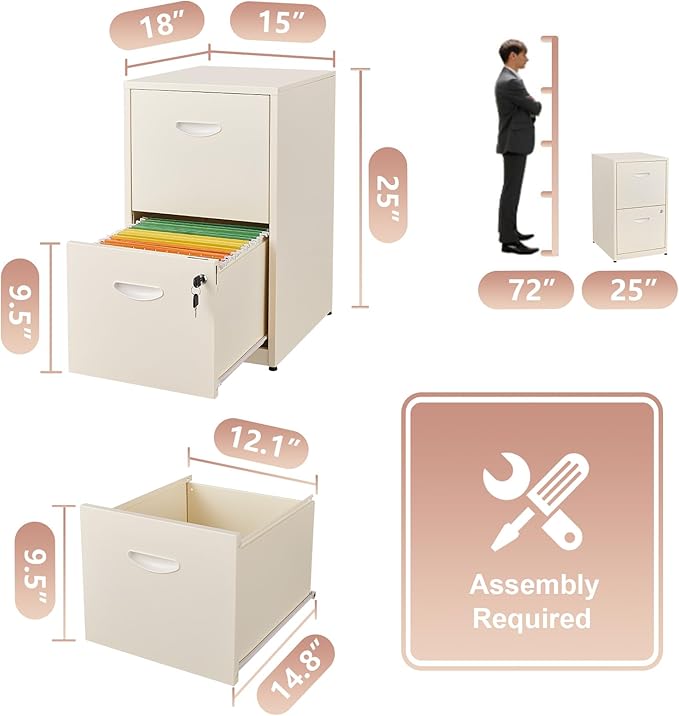 2 Drawer File Cabinet with Lock, Locked Filing Cabinets for Home Office, Small File Cabinets for Under Desk, Metal Files Cabinet for Hanging Letter Size, Cream, Assembly Required