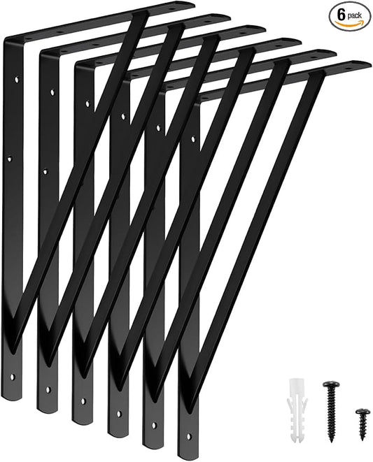 HOME MASTER HARDWARE 16x10 inch Heavy Duty Shelf Brackets, Black Metal Wall Mounted Supports for Shelves, L Shaped Shelf Angle Bracket for Floating Shelves, 6 Pack
