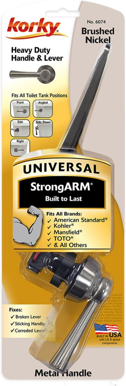 Korky Strong Arm Metal Toilet Handle and Lever - Universal to Fit Front, Angled, Side, Left, and Right Mount Toilets - Brushed Nickel, Simple Style, 6074BP