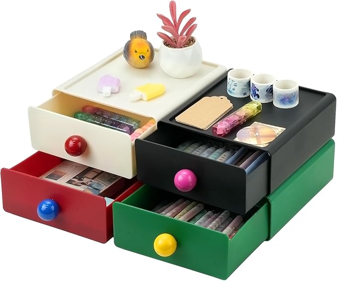 4Pcs Desk Organizer, FHDUSRYO Stackable Desktop Storage Box with Drawer, Large Desk Drawer Organizer with Cute Handle, Plastic Makeup Storage Drawer, Desk Organizer and Accessories for Home Office