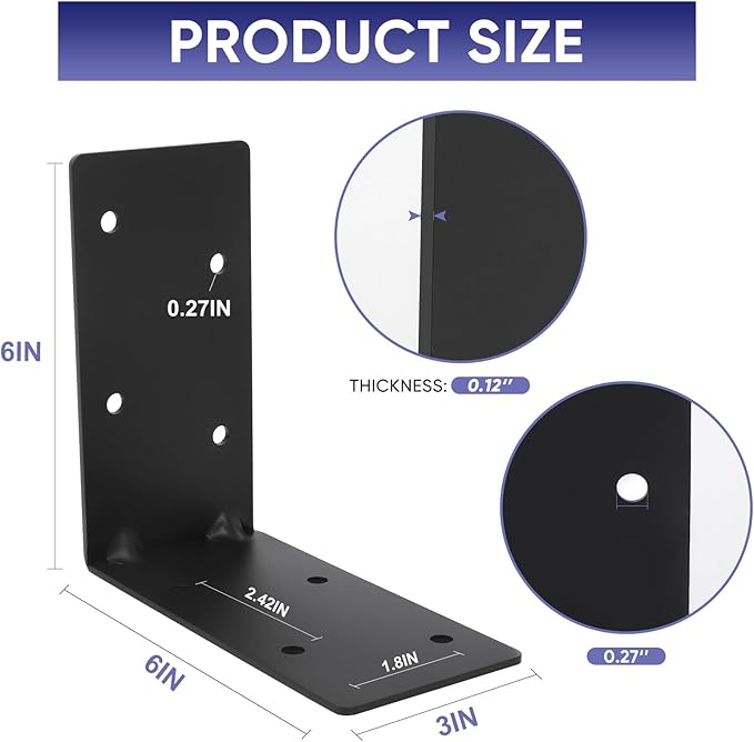 Heavy Duty Steel Corner Brackets 4pcs,6"x6"x3" L Right Reinforced Angle Bracket, Strengthen Metal Joint Support,DIY L Shelf Brackets for Wood Projects