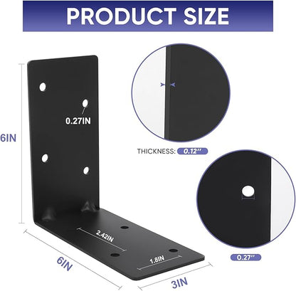 Heavy Duty Steel Corner Brackets 4pcs,6"x6"x3" L Right Reinforced Angle Bracket, Strengthen Metal Joint Support,DIY L Shelf Brackets for Wood Projects