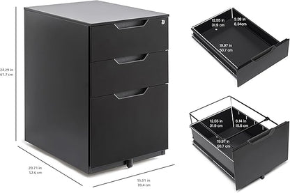 Amazon Basics 3-Drawer Mobile File Cabinet with Lock, Rolling Filing Cabinet for Hanging Files, Black, 20.71" D x 15.51" W x 24.29" H | With Lock, 3 Drawer