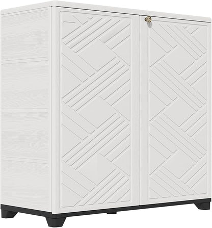 HOMSPARK Indoor/Outdoor Storage Cabinet with Doors and 2 Metal Shelves, 34”x15”x34” HDPE Plastic Storage Box for Patio, Garden, Enterway, Balcony, Multi-Purpose for Daily Tools, White