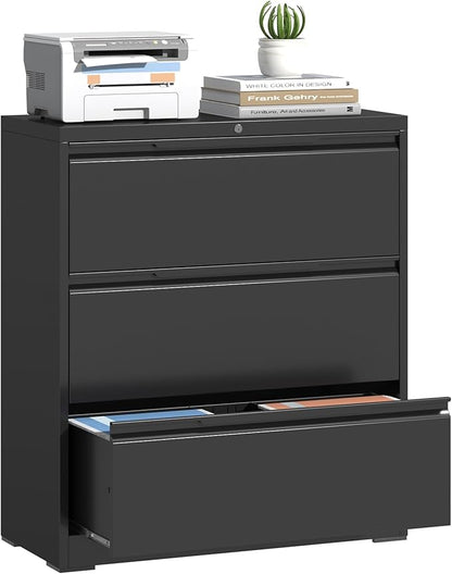 Lateral File Cabinet, 3 Drawer Lateral File Cabinet with Lock, Metal Filing Cabinets for Home Office, Black Wide Deep Drawer for Hanging Files Letter/Legal/A4/F4 Size, Printer Stand, Assembly Required