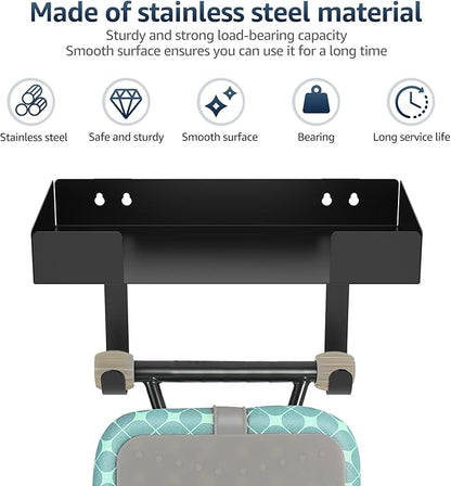 Ironing Board Holder, Wall Mount Ironing Board Hanger, Stainless Steel Iron Board Holder, Multipurpose Ironing Board Rack with Shelf and Removable Hooks, Storage Organization for Laundry Room Bathroom