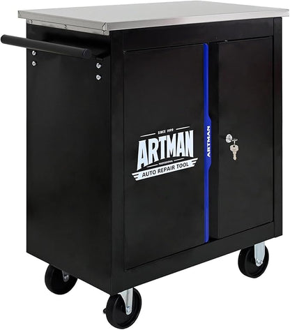 2-Door 2-Shelf Rolling Tool Chest with Stainless Steel Countertop,Tool Chest with Secure Locking System,Mobile Storage Tool Cabinet with 360°Wheels and Padded Feet,for Home,Garage(Black+Blue)