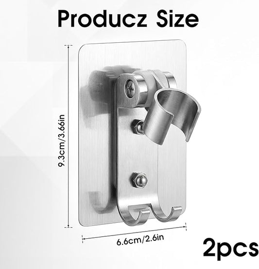 Adhesive Shower Head Holder with 2 Hanger Hooks, Adjustable Shower Wand Holder, Showers Head Holders Wall Mount with Hanger Hooks, No Drill Space Aluminum Showers Wand Stand