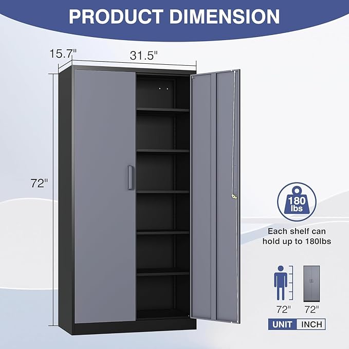 72" Metal Locker Storage Cabinet,72" Tall Locking Cabinet with Doors and Adjustbale Shelves,File Cabinets for Basement,Garage,Home Office