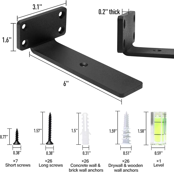 HITOMEN Heavy Duty Floating Shelf Brackets, 6-Inch (1/5'' Thick) Hidden Shelves Hardware, Cast Iron L Brackets, Rustic Industrial Black Metal Wall Shelving Supports, 6 Pack