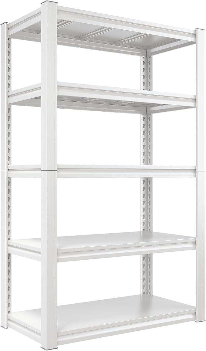 Raybee Garage Shelving, 2000LBS Storage Shelves, White Metal Shelves, 5 Tier Adjustable Heavy Duty Shelving for Pantry Kitchen Closet Basement Warehouse 16.5" D x 32" W x 63" H