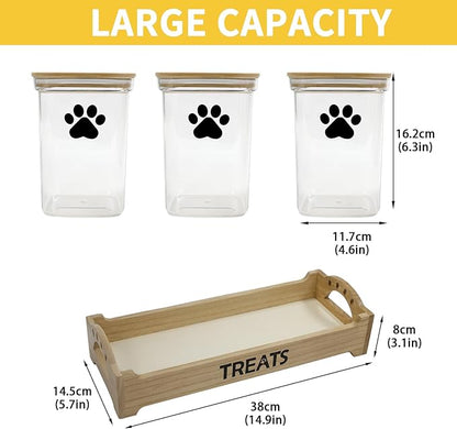Geyecete dog treat container for Countertop pet treat container with 3 Jars dog treat jars For Puppy Airtight Wooden Dog Treat Storage With wood Lids