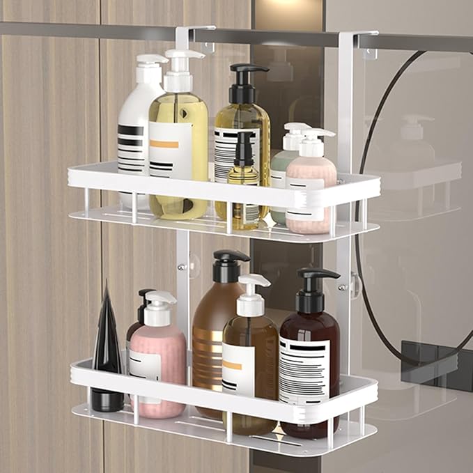 Over Door Shower Caddy, White Rustproof Bathroom Organizer, 2-Tier Storage Rack, 11.81x5.31 Inch Shelves, No Drilling Required
