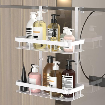 Over Door Shower Caddy, White Rustproof Bathroom Organizer, 2-Tier Storage Rack, 11.81x5.31 Inch Shelves, No Drilling Required