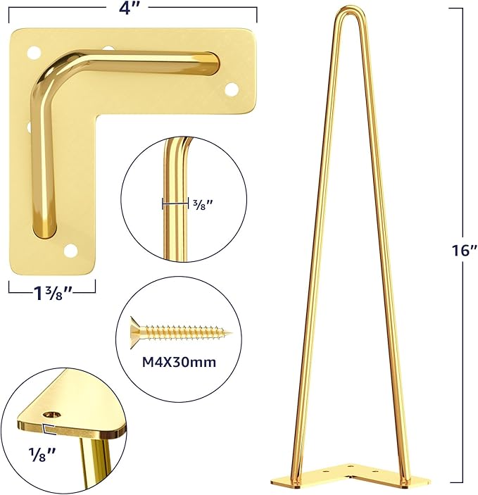 SMARTSTANDARD 16 Inch Hairpin Furniture Legs, 3/8'' Rods Metal Home DIY Projects for Nightstand, Coffee Table, Desk with Rubber Floor Protectors, Gold Set of 4PCS