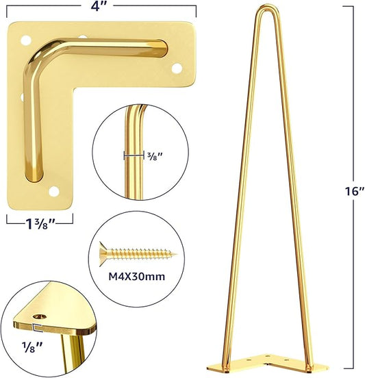 SMARTSTANDARD 16 Inch Hairpin Furniture Legs, 3/8'' Rods Metal Home DIY Projects for Nightstand, Coffee Table, Desk with Rubber Floor Protectors, Gold Set of 4PCS