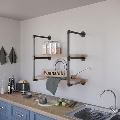 Yuanshikj 2Pc (28" Tall,12" deep,3/4") Industrial Wall Mount Iron Pipe Shelf Shelves Shelving Bracket Black DIY Bookshelf Storage Office Room Kitchen (2 Pcs 3Tier Hardware Only)