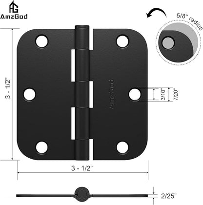 Door Hinges Matte Black - 12 Pack Black Door Hinges 3.5 Inch Rounded Interior Door Hinge with 5/8" Radius Corners - Black Hinges for Doors 3 1/2 Inches Flat Iron Residential Door Hardware