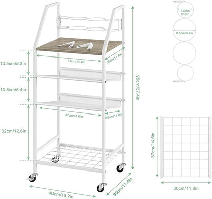 OYEAL White Bathroom Storage Cart Rolling Towel Cart On Wheels Freestanding Bathroom Shelf Unit with Hair Dryer Holder for Small Spaces, Living Room, Kitchen