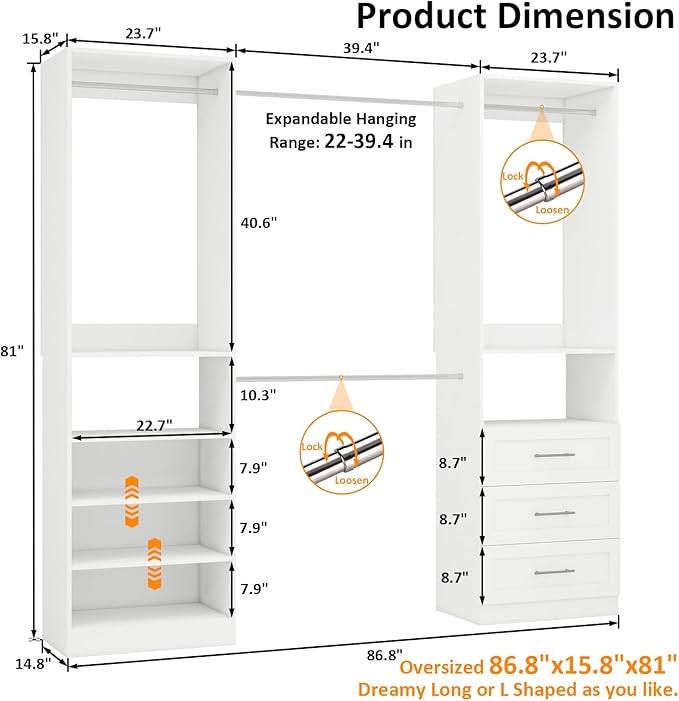 Closet System with Drawers of 2 Sets, 4FT-10FT Walk in Closet Organizers and Storage with Hanging Rods & Adjustable Shelves, Free-Standing Modular Closet Systems, White
