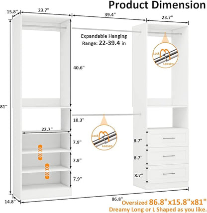 Closet System with Drawers of 2 Sets, 4FT-10FT Walk in Closet Organizers and Storage with Hanging Rods & Adjustable Shelves, Free-Standing Modular Closet Systems, White