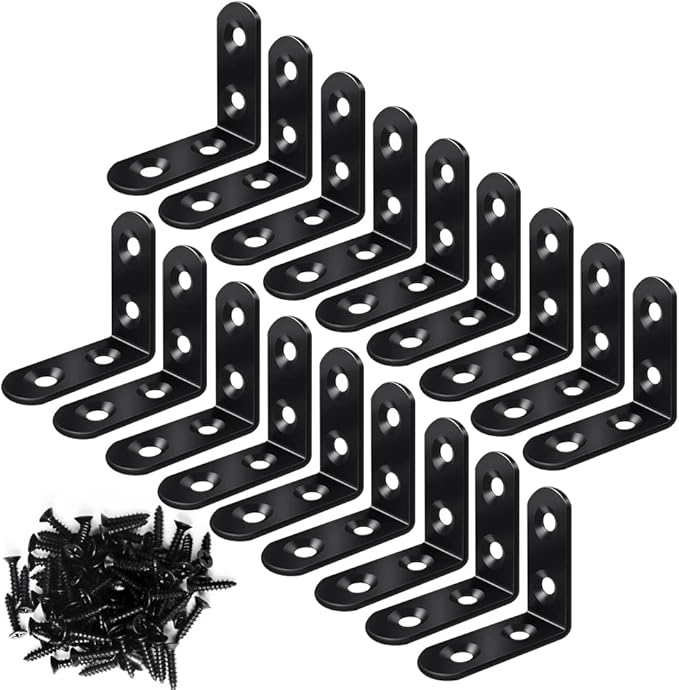 18PCS L Bracket Corner Bracket, FATLODA Stainless Steel L Brackets for Shelves, Black Small Right Angle Bracket, Metal Corner Brace for Wood Furniture Cabinet Chair with 72PCS Screws (1.57x1.57 in)