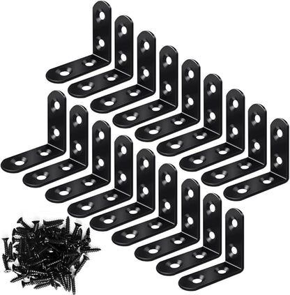 18PCS L Bracket Corner Bracket, FATLODA Stainless Steel L Brackets for Shelves, Black Small Right Angle Bracket, Metal Corner Brace for Wood Furniture Cabinet Chair with 72PCS Screws (1.57x1.57 in)