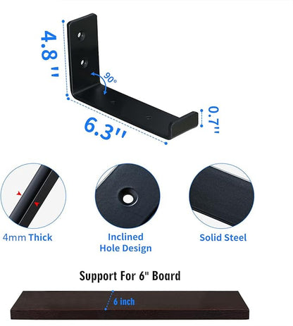 HEART ART Black Shelf Bracket 6 inch, Shelf Bracket 12 Pack,J Metal Heavy Duty Shelf Support Brackets，6.3" L×4.8" H×1.2" W