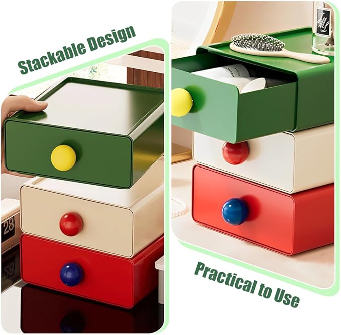 4Pcs Desk Organizer, FHDUSRYO Stackable Desktop Storage Box with Drawer, Large Desk Drawer Organizer with Cute Handle, Plastic Makeup Storage Drawer, Desk Organizer and Accessories for Home Office