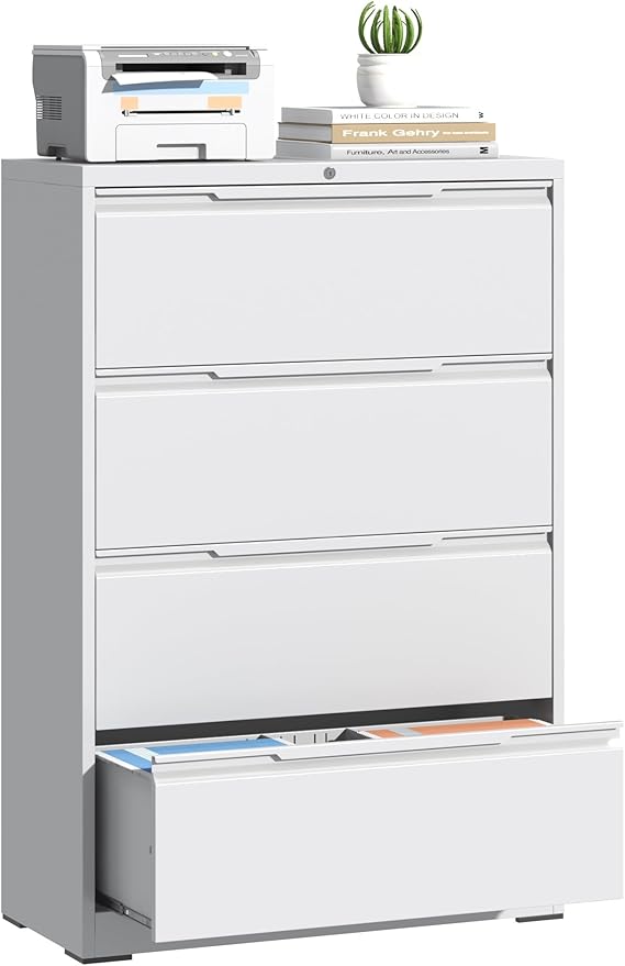 Lateral File Cabinet with Lock, 4 Drawer Lateral File Cabinets, Metal Filing Cabinets for Home Office, White Deep Drawer for Hanging Files Letter/Legal/A4/F4 Size, Printer Stand, Assembly Required