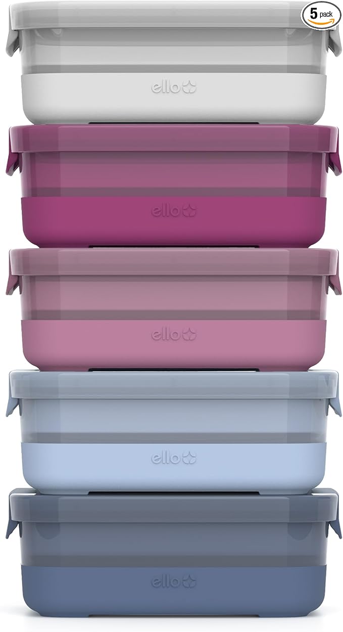 Ello Plastic 3.7 Cup Meal Prep Set 10 Pc, 5 Pack Set - BPA Free Plastic Food Storage Container with Silicone Boot and Airtight Lids, Dishwasher, Microwave, and Freezer Safe, Elderberry