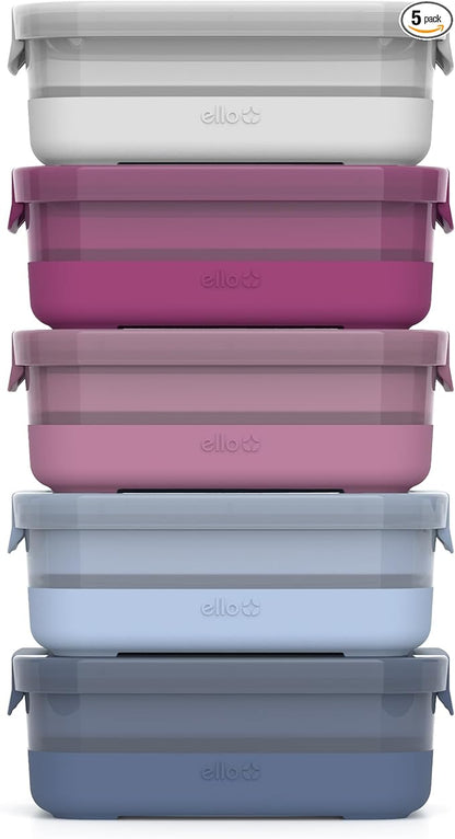 Ello Plastic 3.7 Cup Meal Prep Set 10 Pc, 5 Pack Set - BPA Free Plastic Food Storage Container with Silicone Boot and Airtight Lids, Dishwasher, Microwave, and Freezer Safe, Elderberry