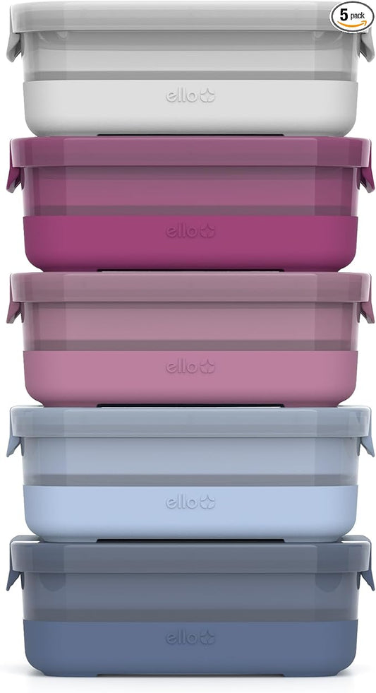 Ello Plastic 3.7 Cup Meal Prep Set 10 Pc, 5 Pack Set - BPA Free Plastic Food Storage Container with Silicone Boot and Airtight Lids, Dishwasher, Microwave, and Freezer Safe, Elderberry