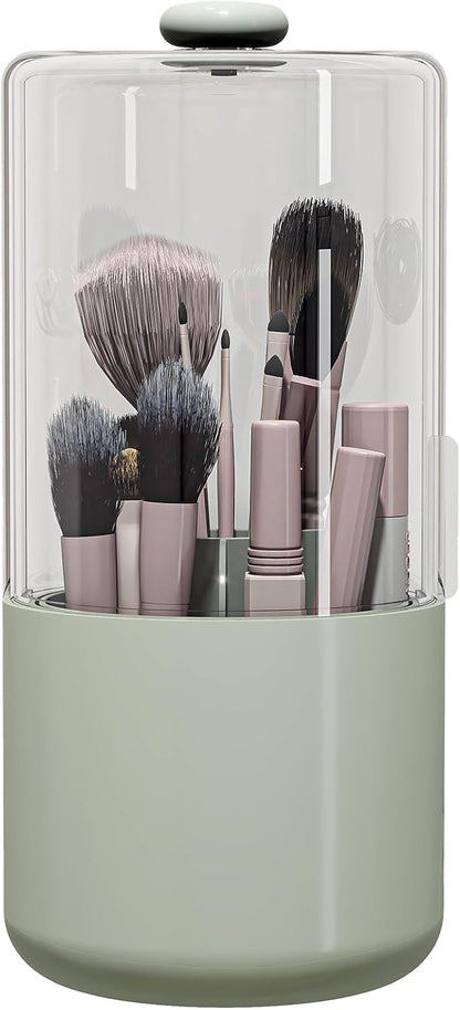 Makeup Brush Holder with Dustproof Cover, Clear 360 Rotating Make Up Brushes Organizer for Counter Vanity Bathroom, Sage Green