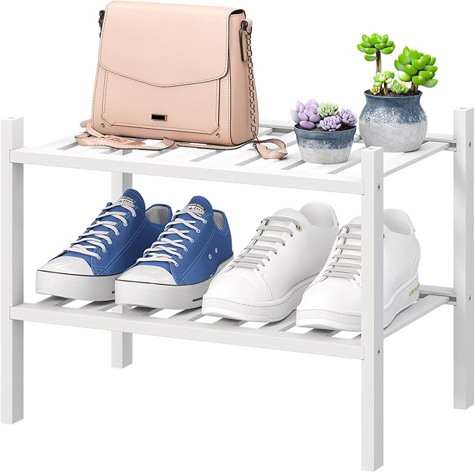 White Small Shoe Rack for Entryway,2-Tier Bamboo Shoe Organizer for Hallway Closet, Free Standing Shoe Racks for Indoor Outdoor