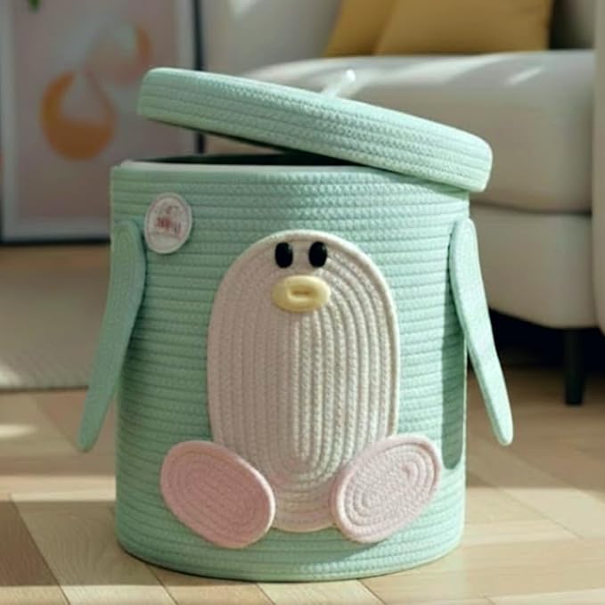Kids Laundry Hamper with lid & Toy Storage Organizer | Large Penguin Woven Cotton Rope Bin for Stuffed Plushies | Cute Animal Design Basket with Cutout Handles for Nursery, Playroom & more (Penguin)