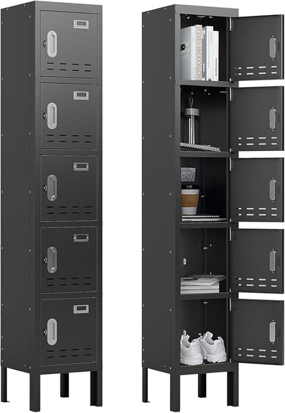 Metal Storage Locker with Lock & Card Slot Locker - Secure Lockable Door - Steel Locker for School, Office, Gym, Home - 66.15" H x 11.8" W x 11.8" D（5 Door, Black）