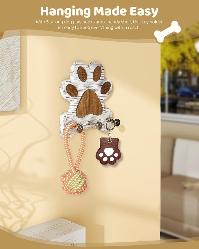 MTERSE Pine Wood Decorative Key Holder Wall Mount – Cute Dog Paw Key Hooks for Wall, Dog Leash Holder for Home Decor – Farmhouse Coat Rack for Entryway, Bedroom & Home Office (White)