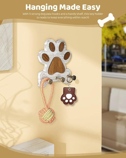 MTERSE Pine Wood Decorative Key Holder Wall Mount – Cute Dog Paw Key Hooks for Wall, Dog Leash Holder for Home Decor – Farmhouse Coat Rack for Entryway, Bedroom & Home Office (White)