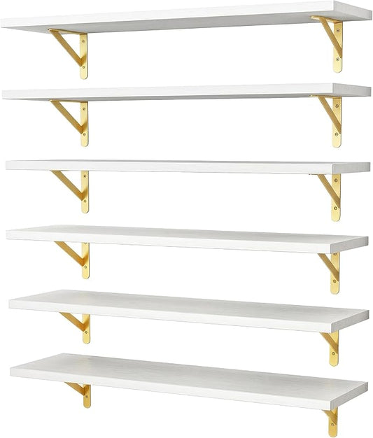 YGEOMER 23.6 Inch Floating Shelves for Wall, Farmhouse Wall Shelves for Bedroom, Bathroom Storage, Living Room and Kitchen Decor (Set of 6 White)