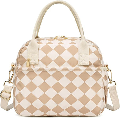 CAMTOP Lunch Box for Women Insulated Lunch Bag Lunchbox Cooler Thermal Leakproof Quilted Reusable Lunch Tote Bag for Work School Travel Picnic (Brown-White Check)
