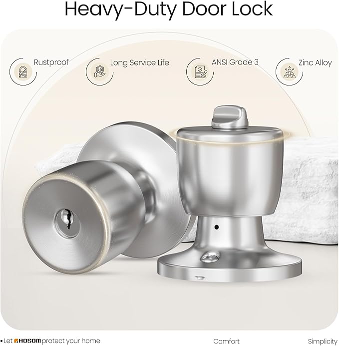 HOSOM Door Knob with Lock and Key, Keyed Entry Door Knob, Exterior and Interior Door Lock for Front Door Commercial and Residential Area, Entry Door Handle for Bedroom and Bathroom, Satin Nickel